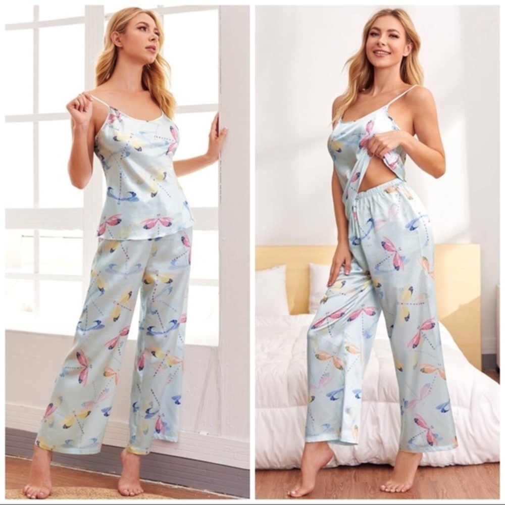 New Blue Satin Silk-Like Cami Pajama Set - Picture 2 of 4